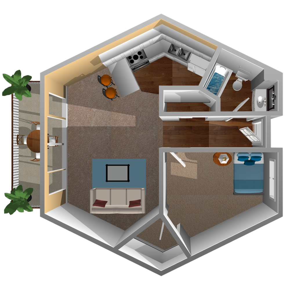 This image is the visual 3D floorplan representation of Plan A at Mountain Shadows Apartments.