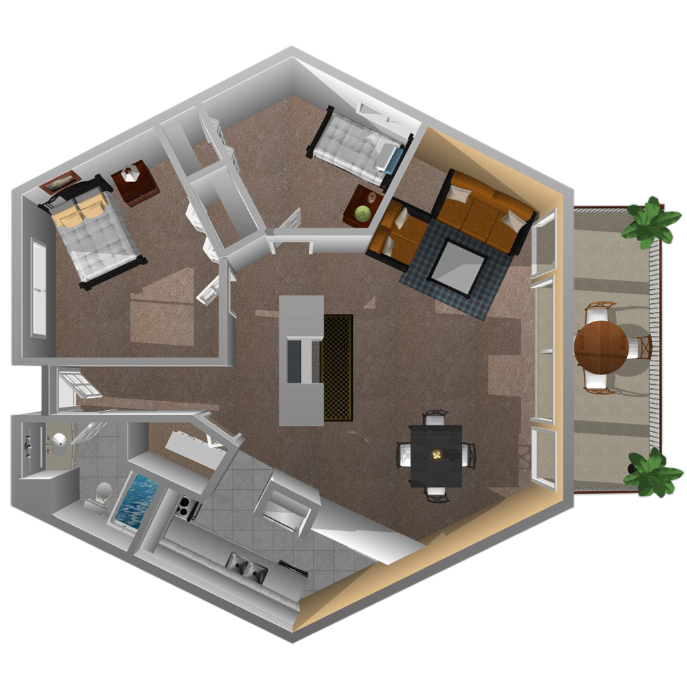 This image is the visual 3D floorplan representation of Plan B at Mountain Shadows Apartments.